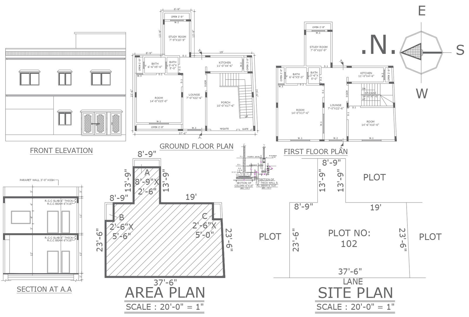 3BHK Floor Plan with Section and Elevation DWG File