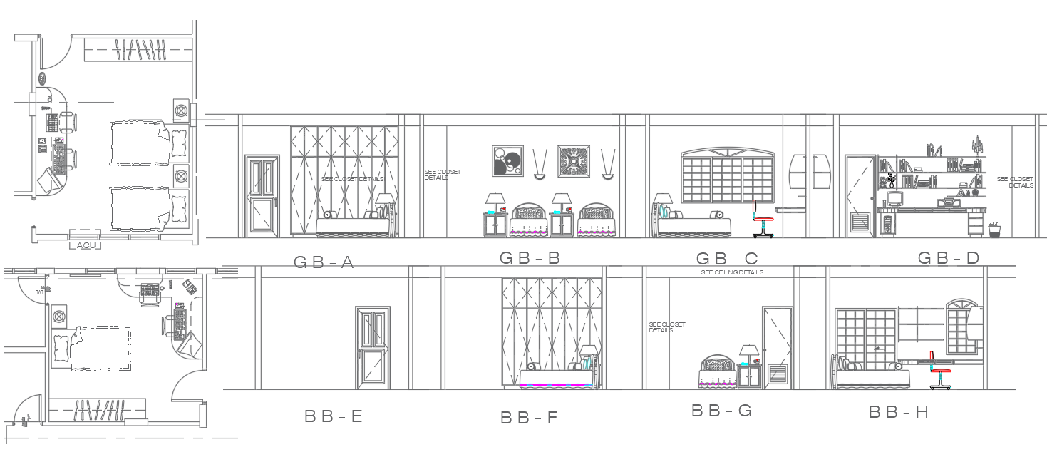 Bedroom Layout Plan with Section and Elevation in DWG File