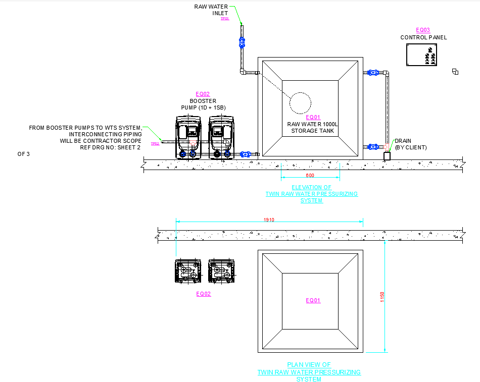 Detailed Elevation and Plan of Water Transfer Pump System AutoCAD DWG File