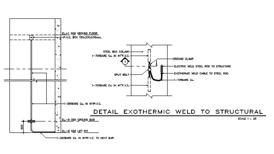 Detailed Exothermic weld to structural is provided in this 2D CAD DWG drawing.Download the AutoCAD 2D DWG file.