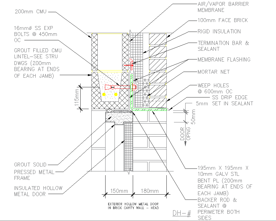 Detailed Exterior Hollow Metal Door in Brick Cavity Wall Section In DWG File