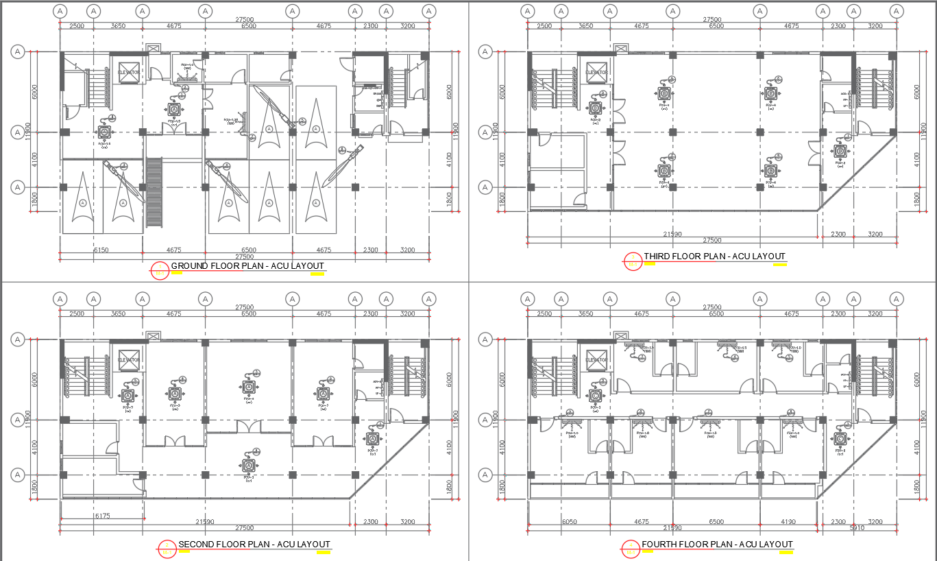 Detailed Floor Plan Layout for 4-Storey Office Building In AutoCAD File