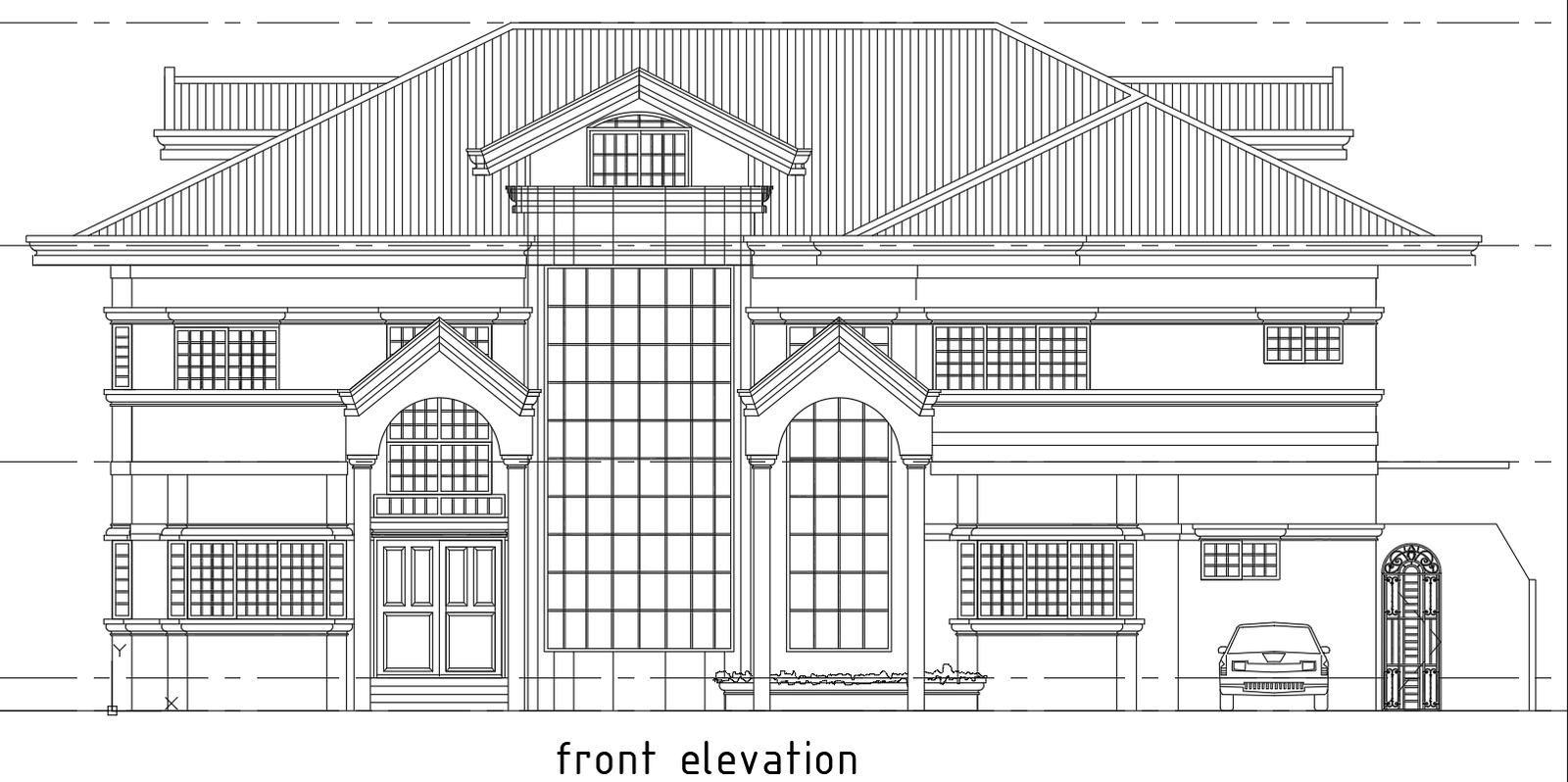 Detailed Front Elevation Drawing for Residential Villa In Autocad File
