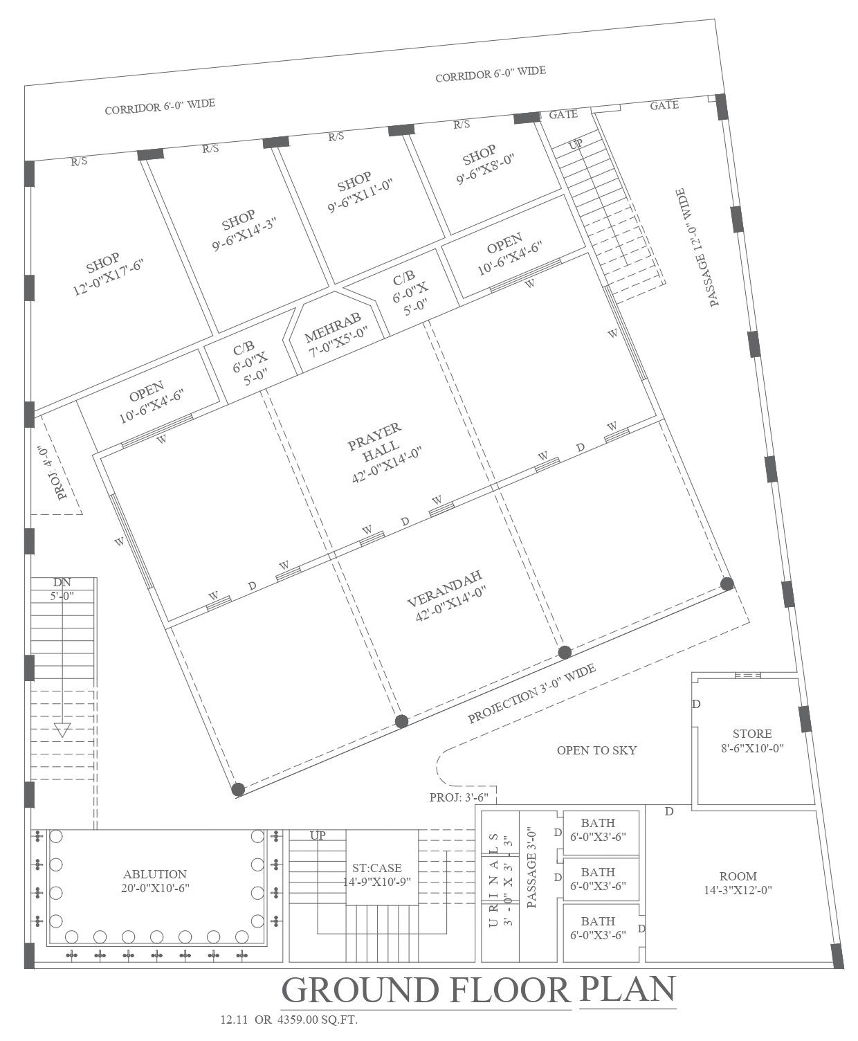 Detailed Ground Floor Plan of 4359 sq. ft. Mosque In DWG File