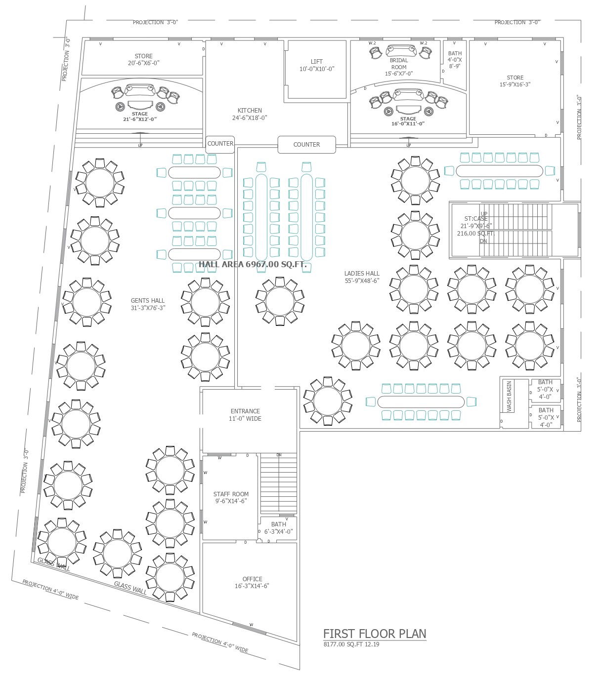 Detailed Marriage Hall Floor Plan with Seating Arrangement In AutoCAD File