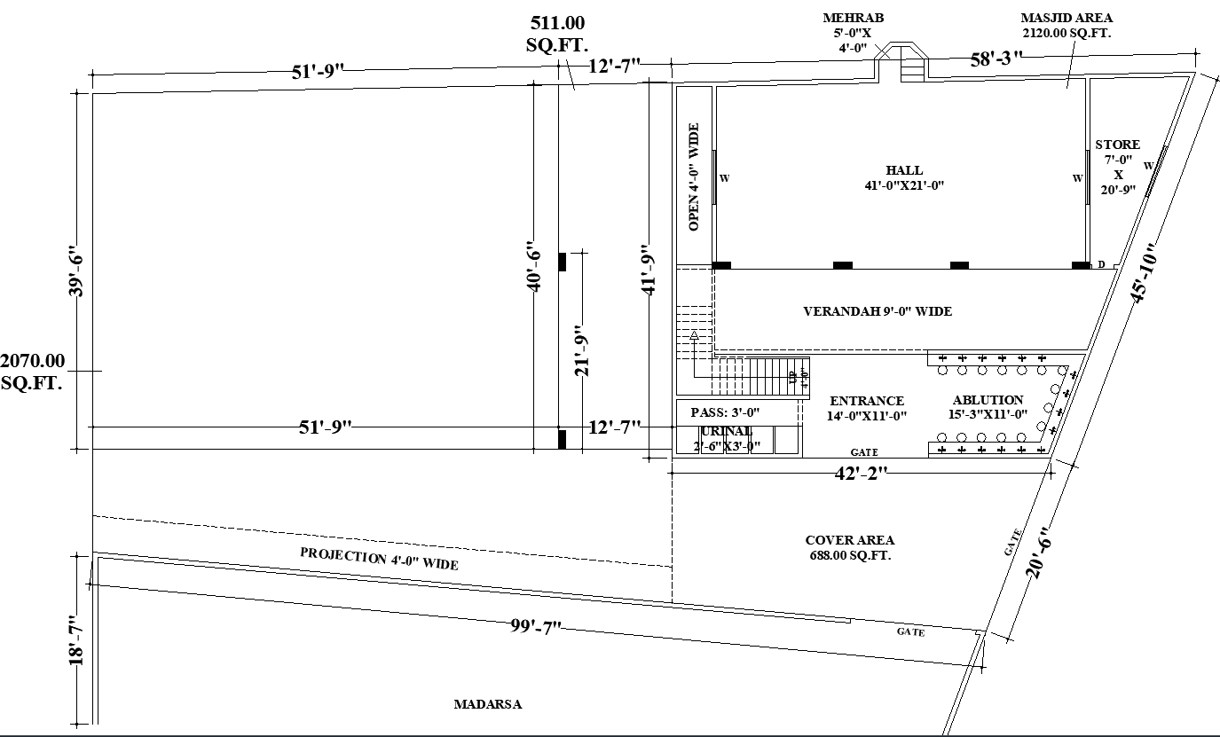 Masjid and Madrasa CAD Drawing with Prayer Hall and Verandah