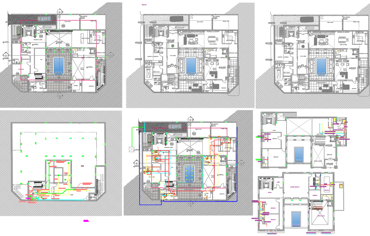 Detailed Multi-Level Building Layouts Floor Plan in DWG File