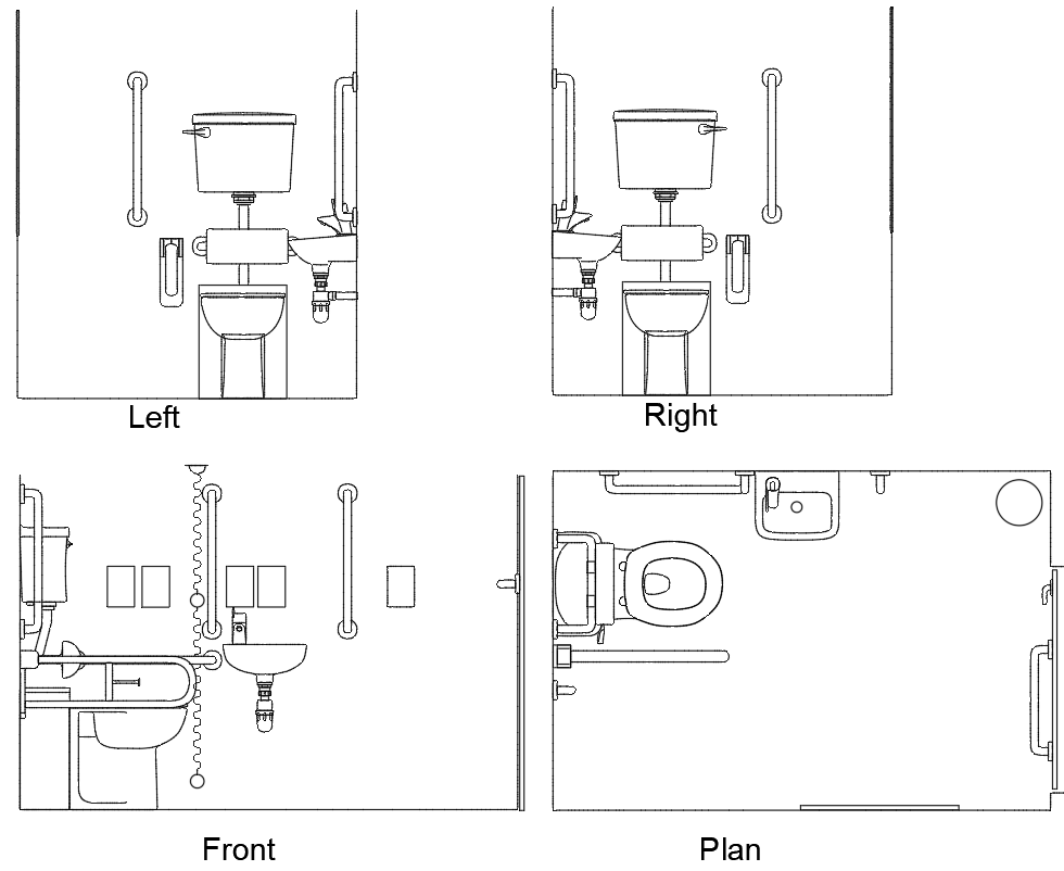Detailed Plan and Elevation for Disabled Toilet Facility DWG File