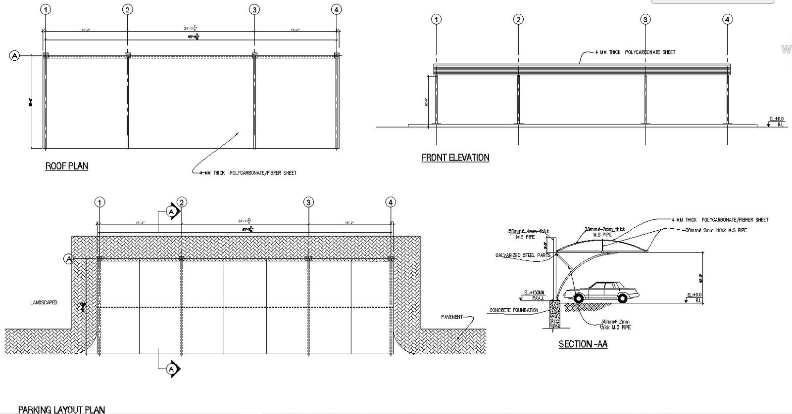 Detailed Plan with Section and Elevation for Car Parking Shed CAD Drawing