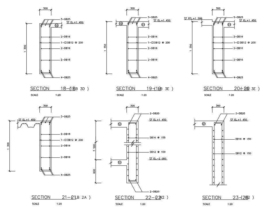 Detailed Reinforcement section details of the steel bars are given in this AutoCAD DWG file. Download the AutoCAD 2D DWG file.
