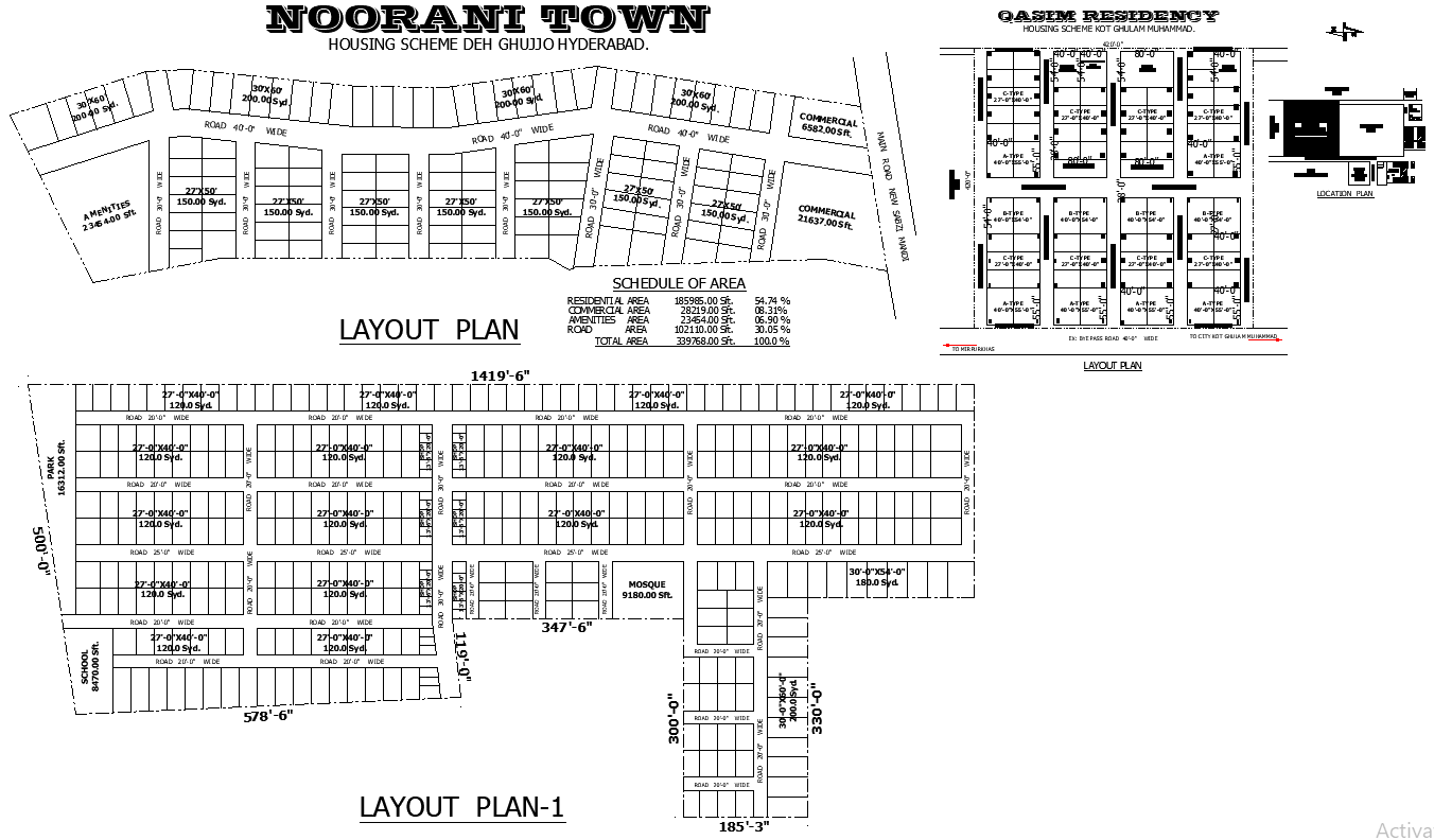 AutoCAD drawing of 3-plot residential housing layout