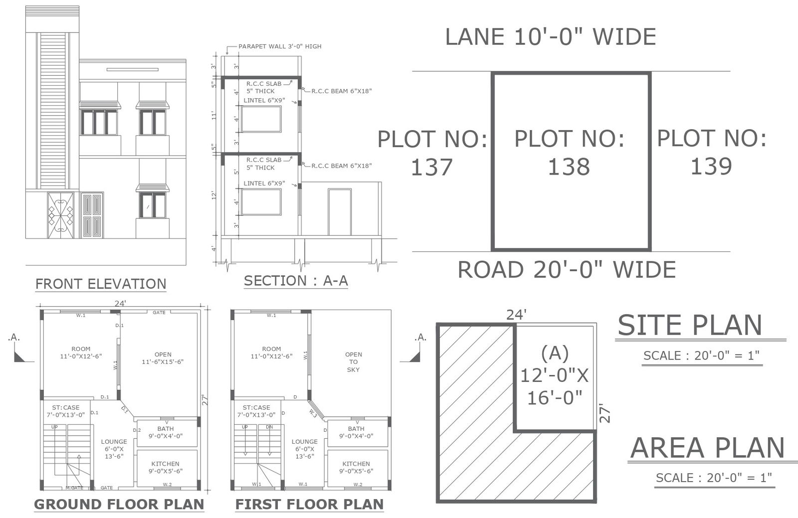 House Floor Plan with Elevation and Section in DWG File