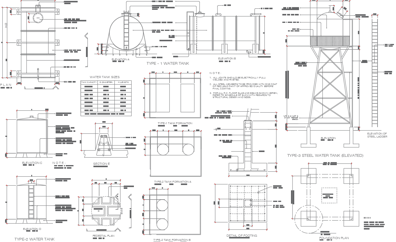 Detailed Section Elevation and Foundation Plan for Overhead Water Tank In DWG File