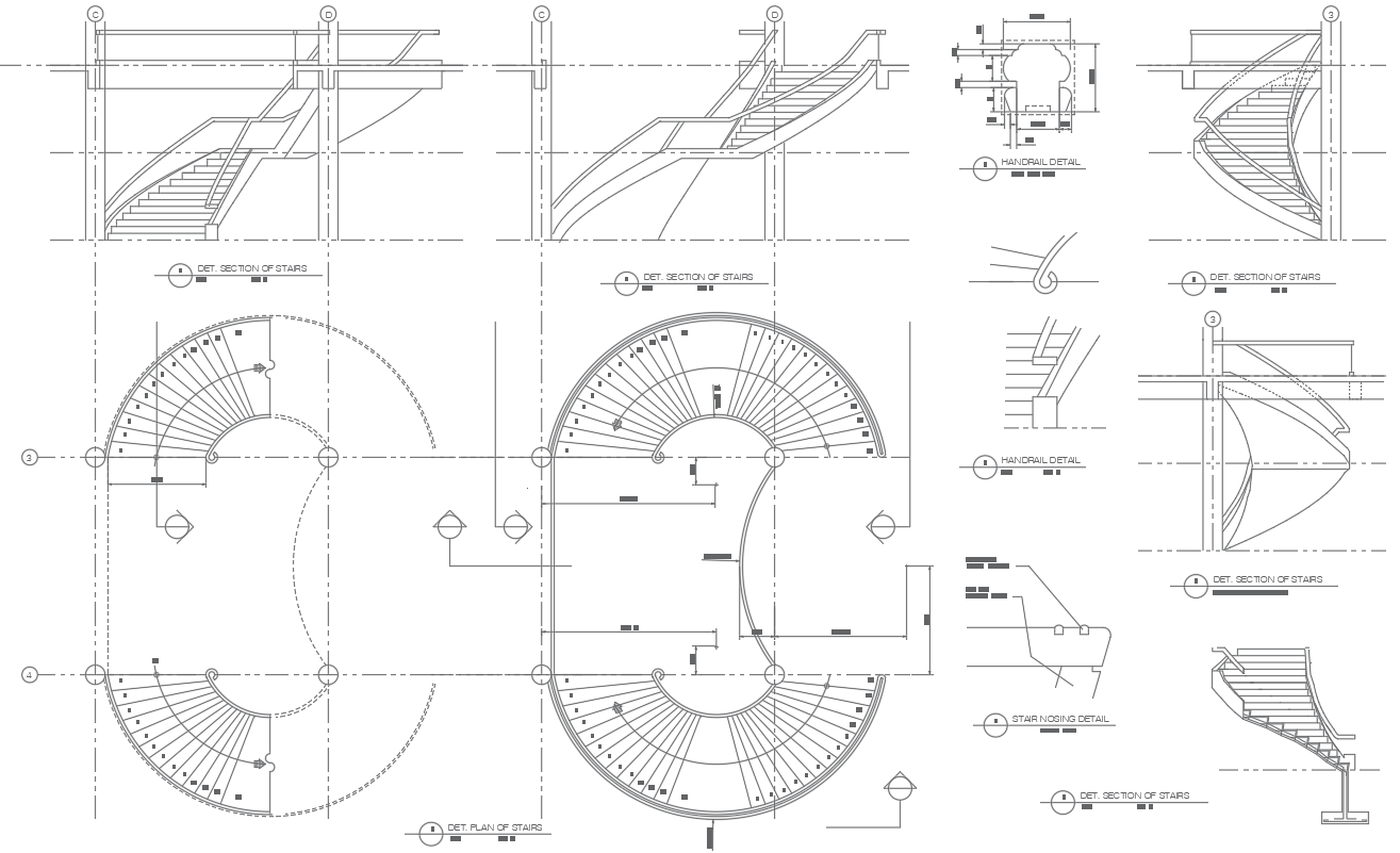 Detailed Spiral Staircase Plan and Section Drawing in DWG File