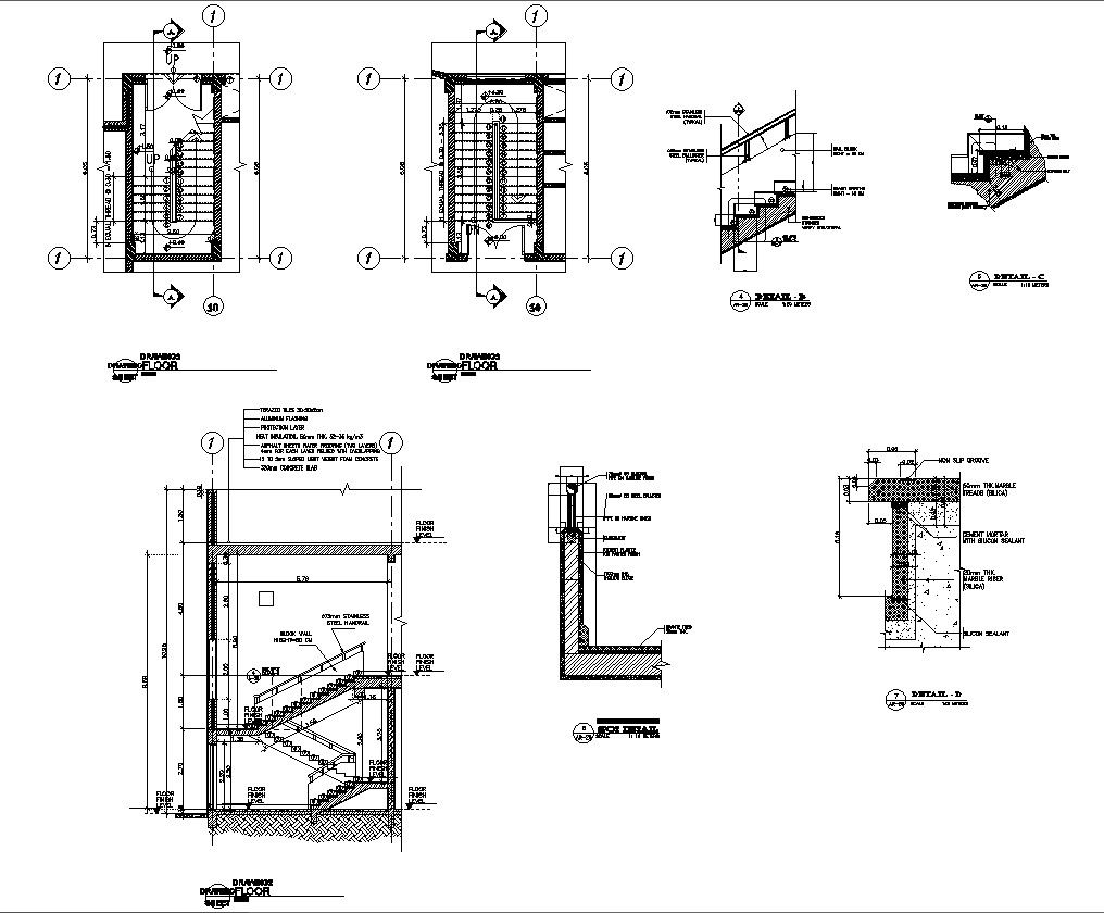 Detailed Staircase Sectional Views and Construction Details in DWG File