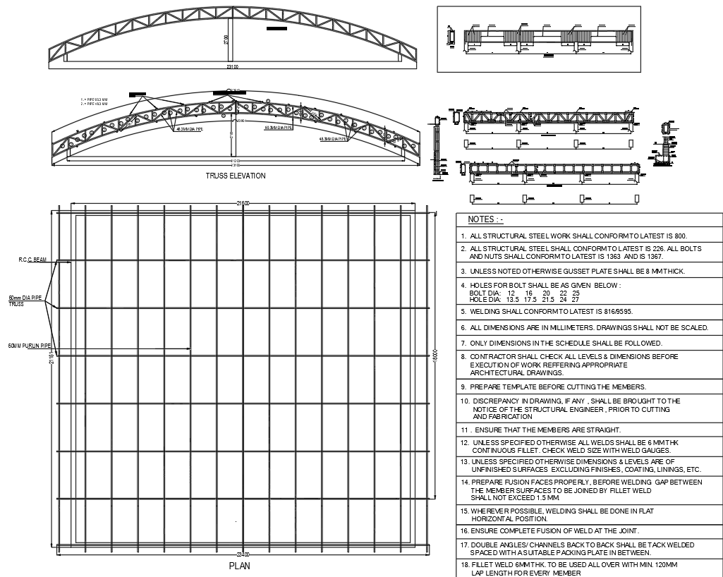 Structural steel truss drawing with notes in AutoCAD File