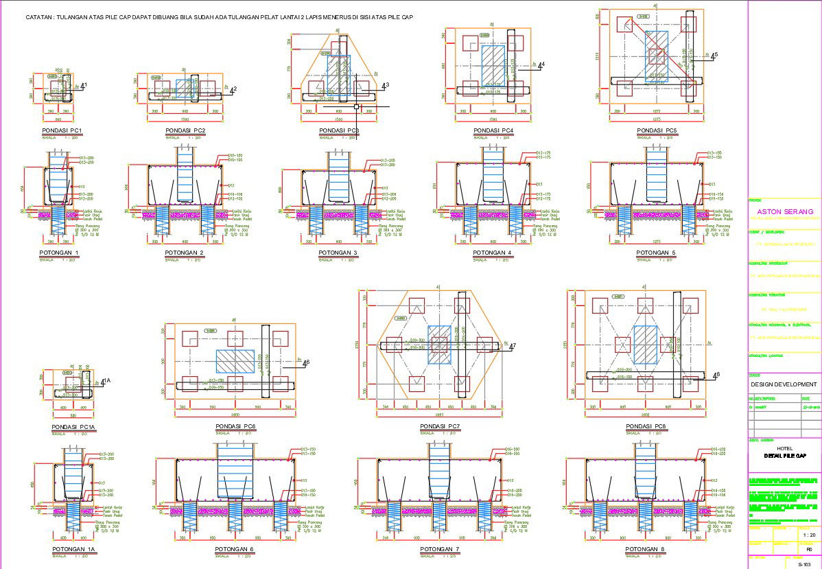 Detailed design of pile cap in AutoCAD drawing, CAD file, dwg file