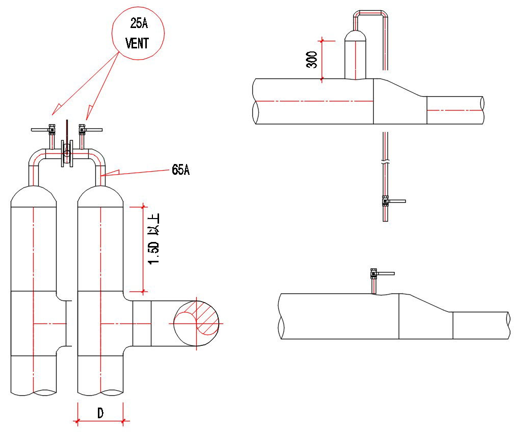 Detailed design of pipe connections in AutoCAD 2D drawing, CAD file, dwg file