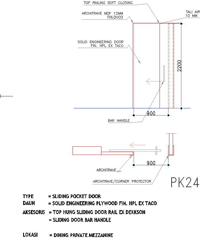 Detailed design of the elevation and section of the sliding pocket door is given in the AutoCAD drawing, CAD file, dwg file