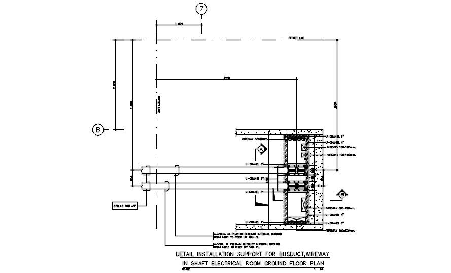 Detailed installation support for bus duct,wire way in shaft electrical room ground floor plan are given in this 2D AutoCAD DWG drawing.