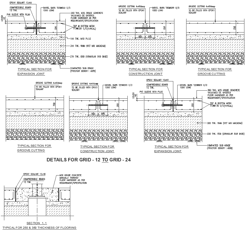 Detail for grid and typical sections for groove cutting and construction joint DWG AutoCAD drawing