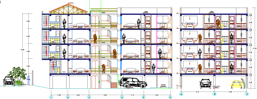 Detailing section view of residential housing apartment building dwg file