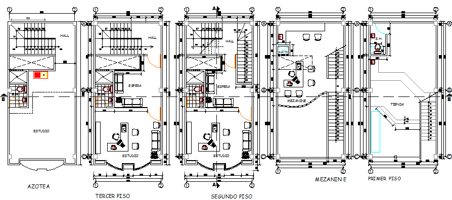 Detailing view of floor plan layout of office building dwg file