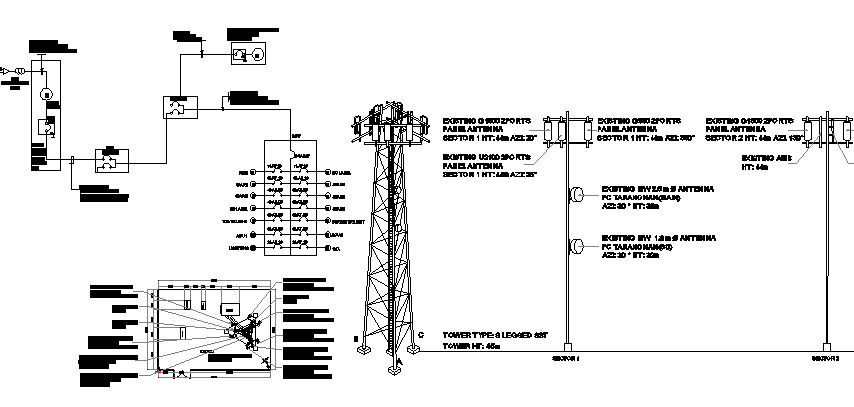 Detailing view of three legged electric tower installation dwg file