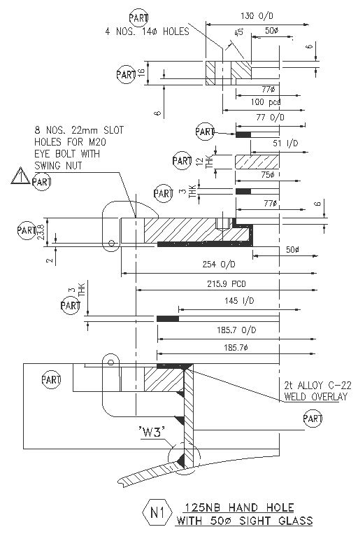 Detail of 125NB Hand hole with 5o dia Sight Glass DWG AutoCAD file