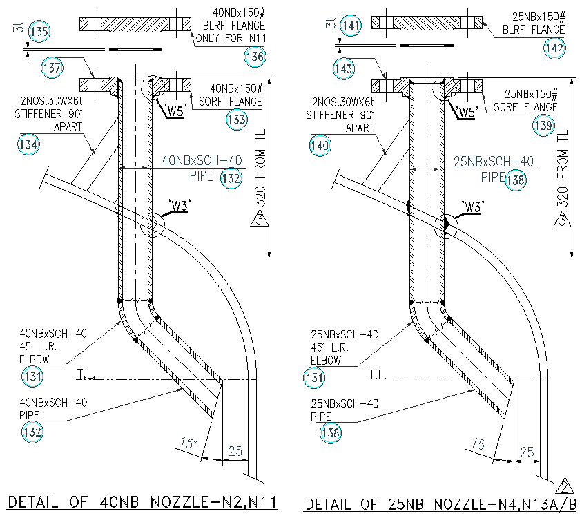 Detail of 40 NB Nozzle N2 N11 Detail of 25NB Nozzle N4 N13 DWG AutoCAD file