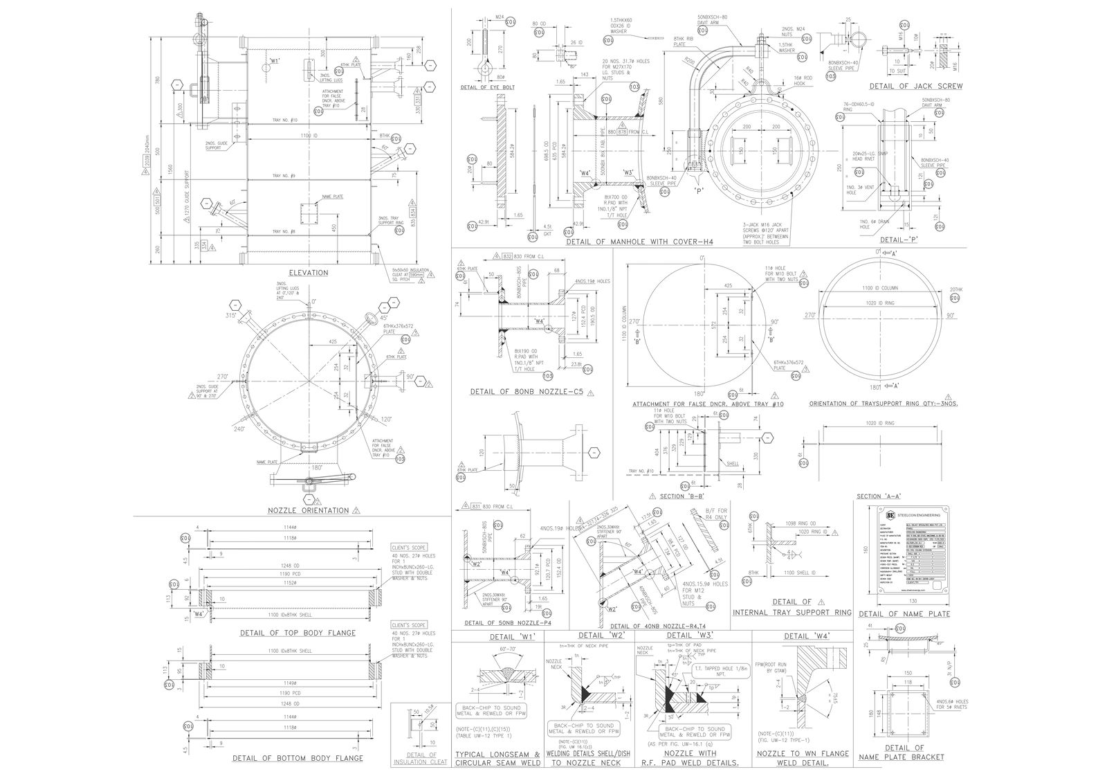 Detail of Manhole cover nozzle and flange with section detail DWG AutoCAD file