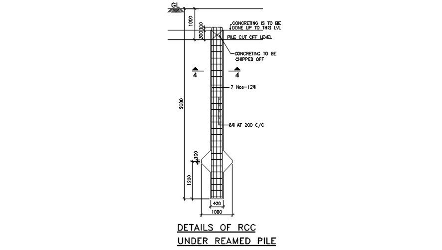 Detail of RCC under reamed pile drawing specified in this file. Download this 2d Autocad drawing file.