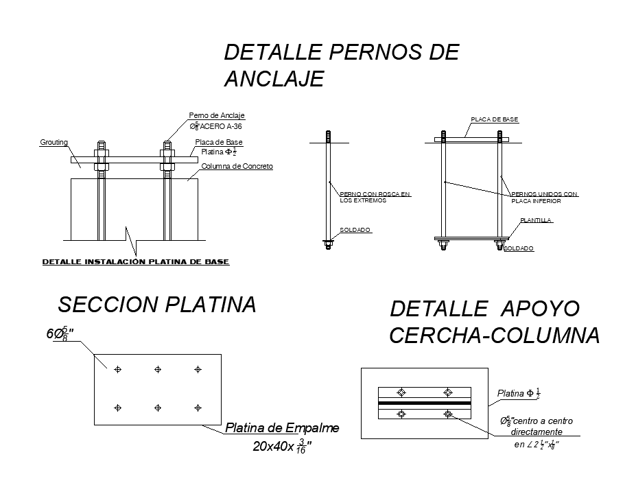 Detail of anchor bolt connections are given in this AutoCAD drawing model.Download the Autocad model.