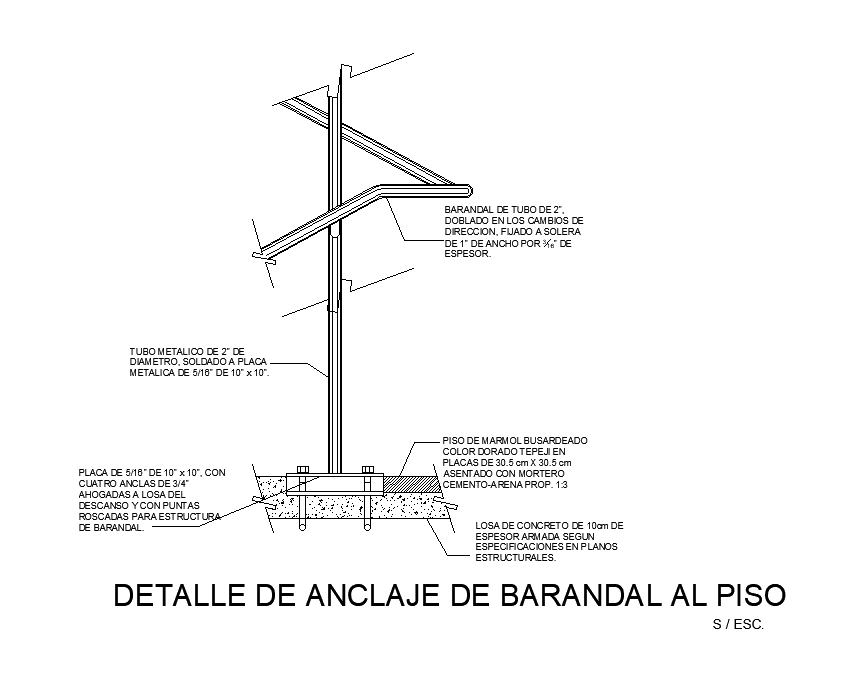 Detail of anchoring the rail to the floor is given in this autocad drawing file. Download now.