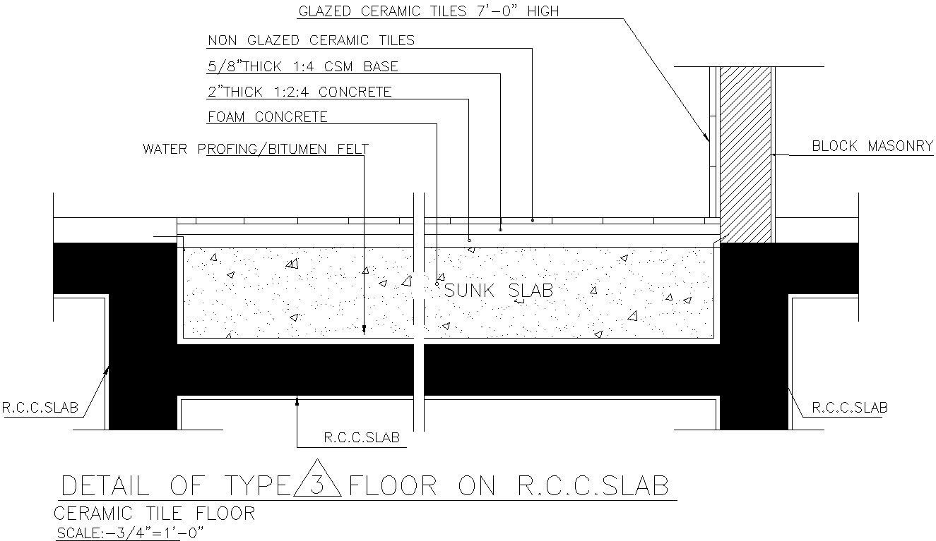 Detail of ceramic tile Floor on RCC Slab in AutoCAD, dwg file.