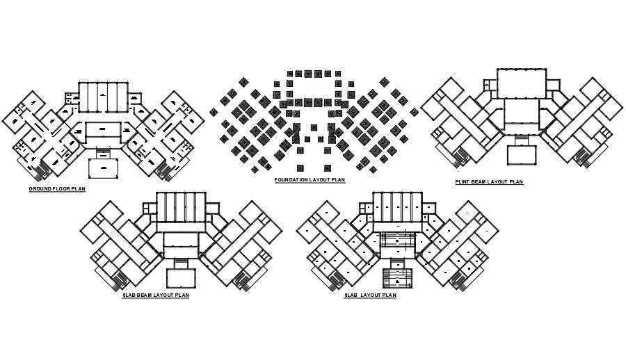 Detail of commercial building including details plan foundation layout plan, plinth beam layout plan