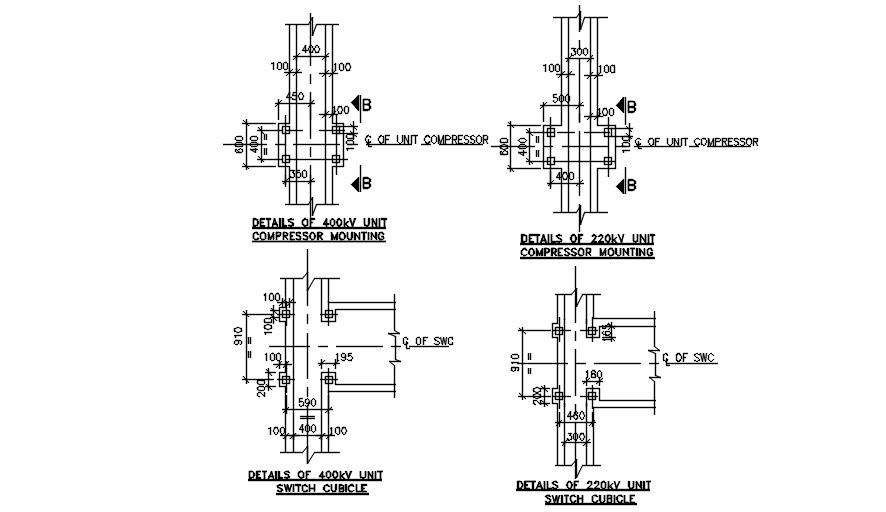 Detail of compressor mounting separated in this AutoCAD drawing file. Download this 2d Autocad drawing file.