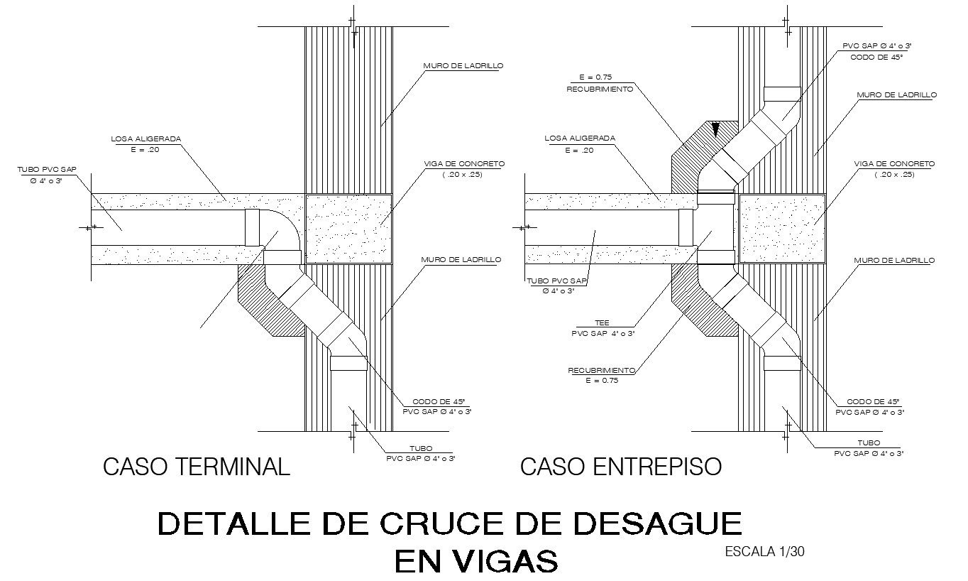 Detail of drain crossing in beams in AutoCAD 2D drawing, CAD file, dwg file