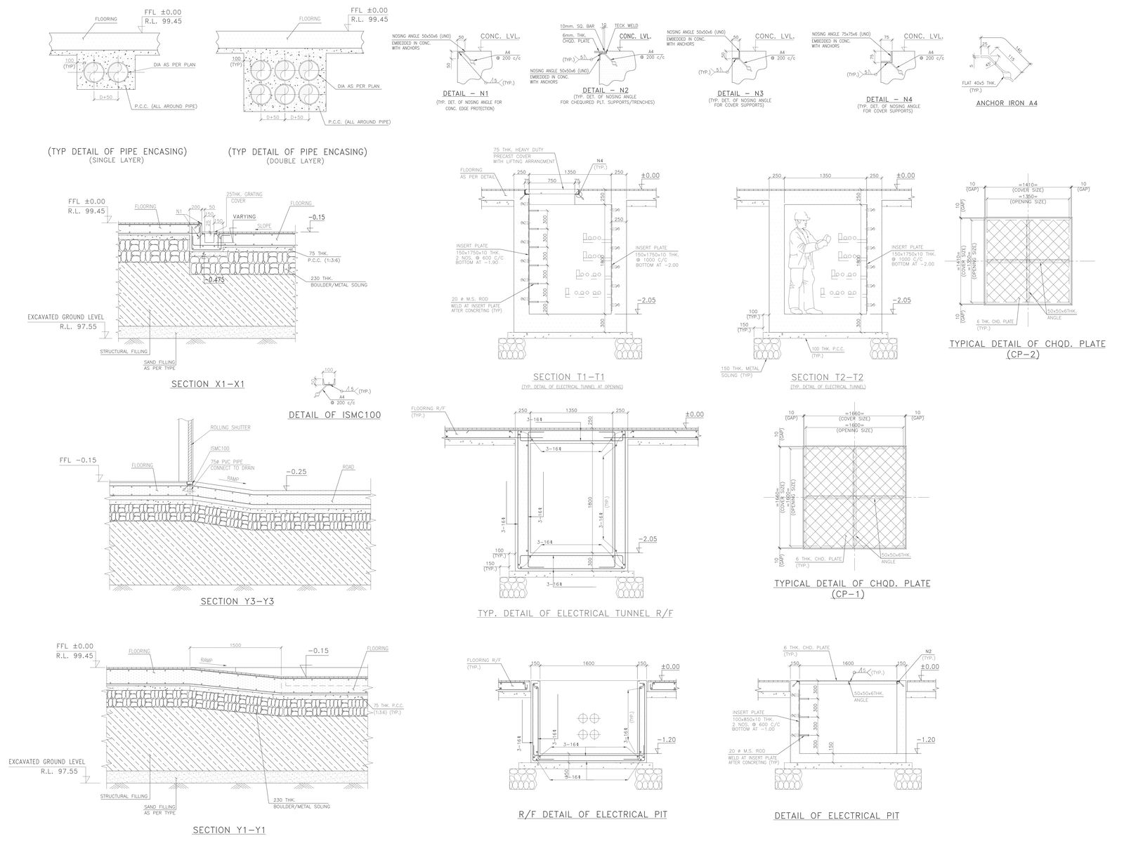 Detail of electrical pit and electrical tunnel and typical detail of pipe encasing DWG AutoCAD drawing