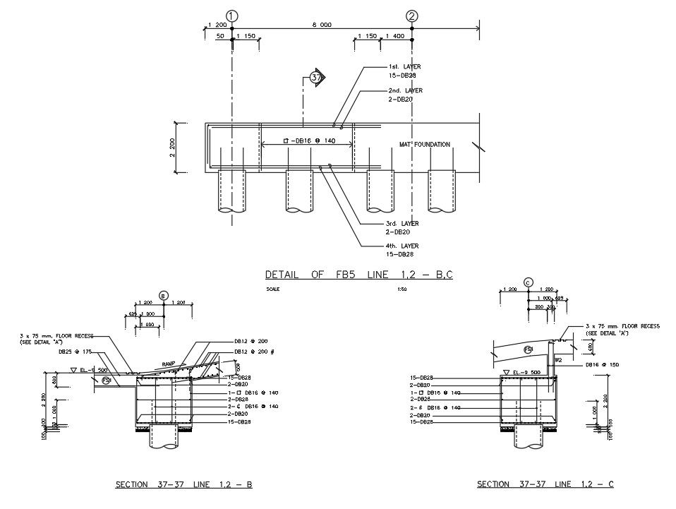 Detail of foundation (FB) is given into the Autocad 2D DWG drawing file. Download the Autocad DWG drawing file.