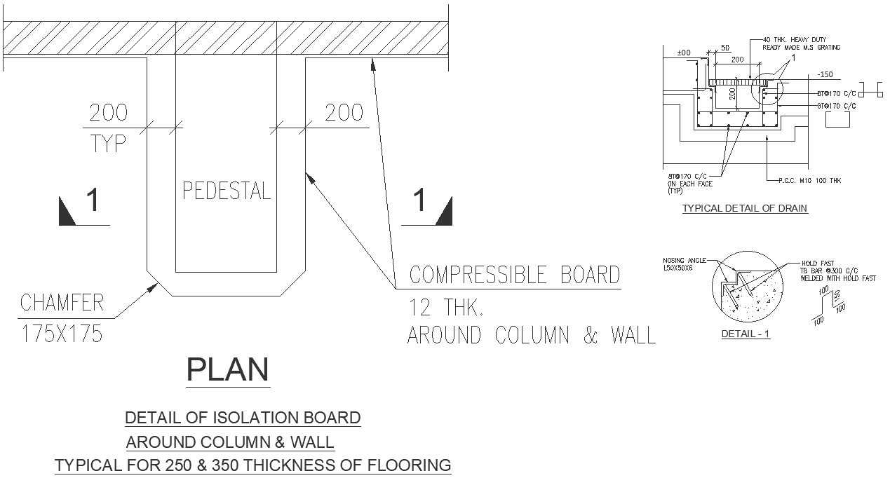 Detail of isolation board around column and wall DWG AutoCAD drawing