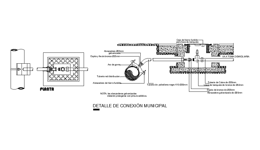 Detail of municipal connection drawing provided in this AutoCAD file. Download this 2d autocad drawing file.