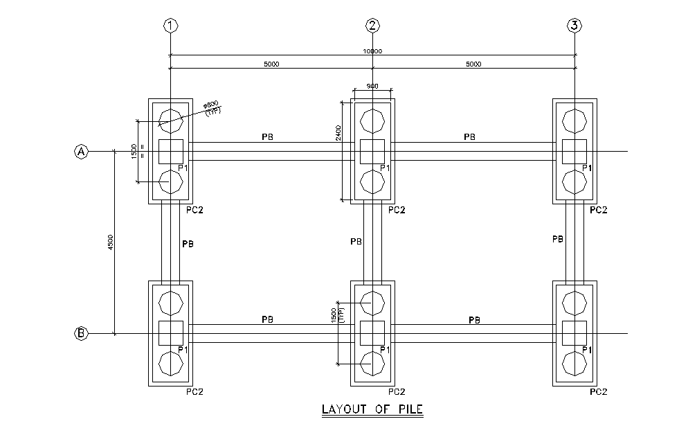 Detail of the Pile foundation of Hydro-generator building. Download AutoCAD DWG file.