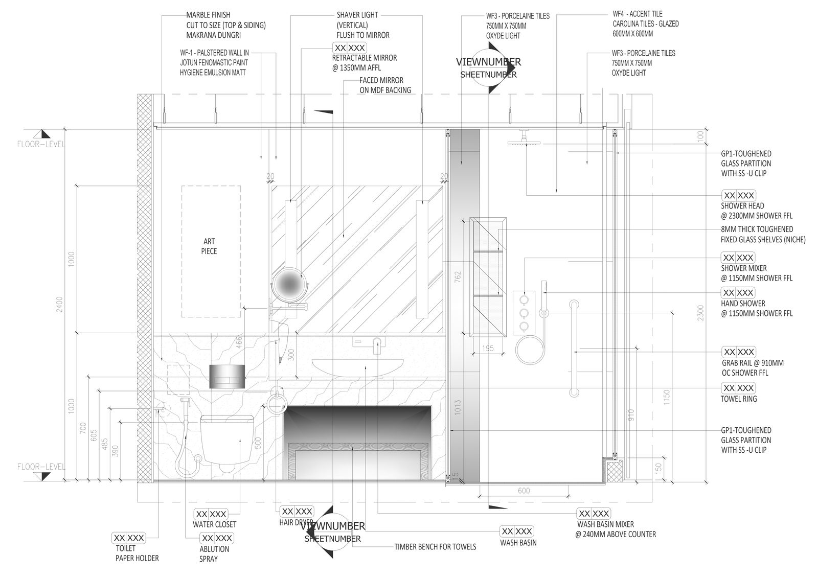 Detail of toughened glass partition in washroom for shower area and all sanitary units detail DWG AutoCAD drawing