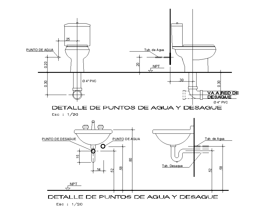 Detail of water and drain points is given in this Autocad drawing file. Download now.