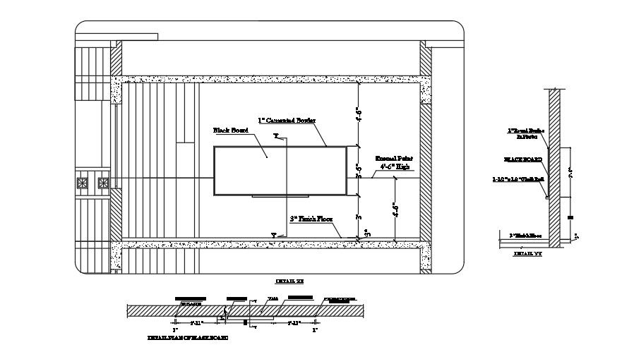 Detail plan and elevation of blackboard wall.