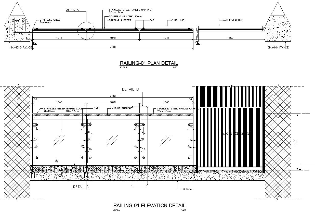 Detail plan and elevation of railing in AutoCAD drawing, CAD file, dwg file
