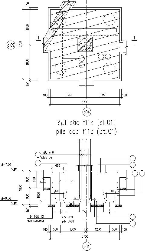Detail plan of Reinforcement lean concrete, stub column and pile cap.