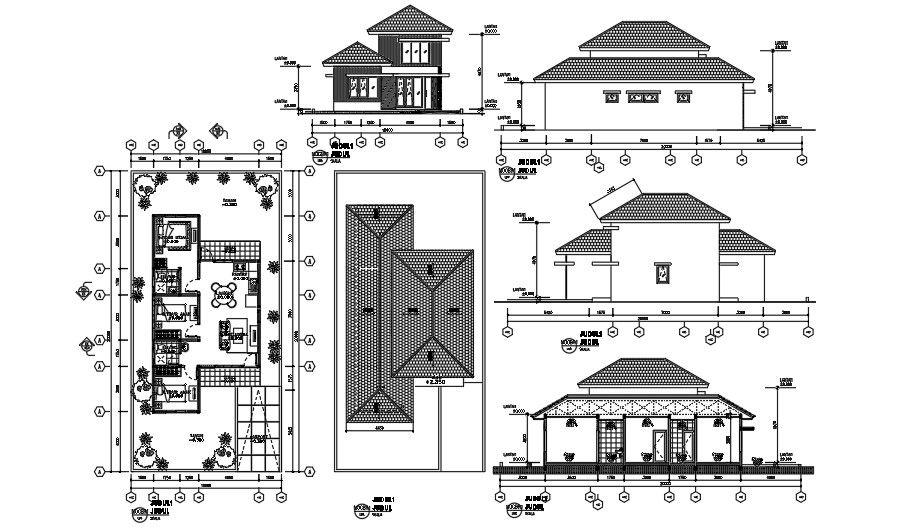 Detail plan of bungalow. including plan , front view , side view , back view ,top view.