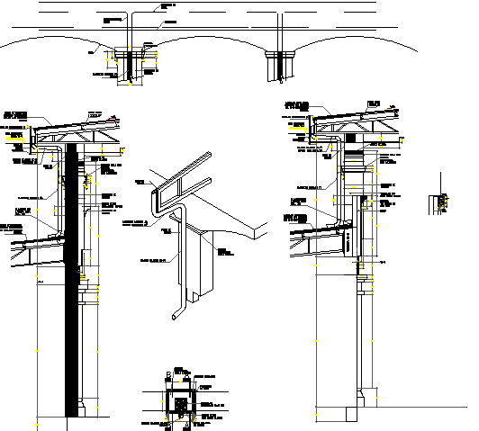 Details finish and start of metallic roof with pluvial drain dwg file
